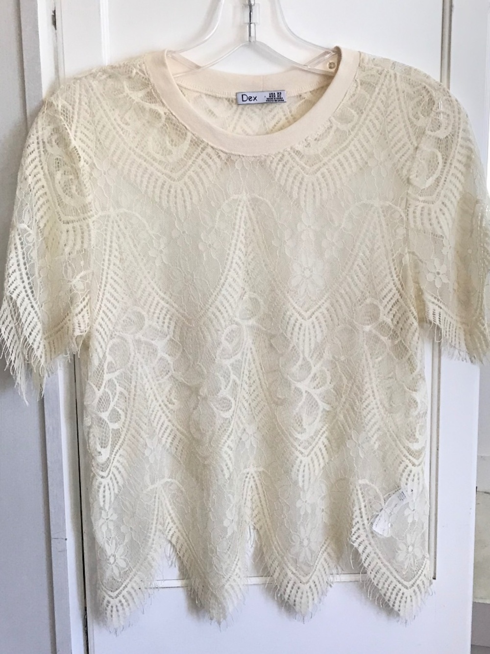 DEX Lace Blouse Short Sleeve Fringe Hem Oversized Top Cream Women’s Size XS
